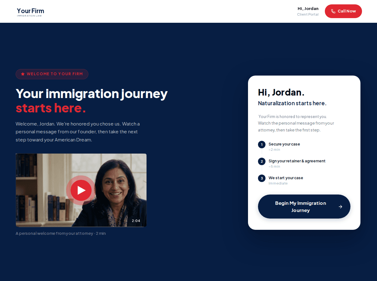 Client onboarding welcome page: secure your case, sign your retainer and agreement, and start your case