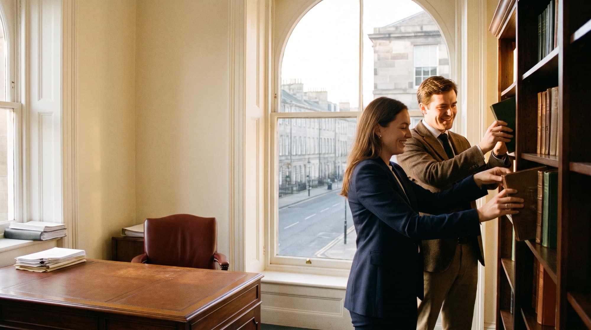 Two attorneys unpacking books in their new law office