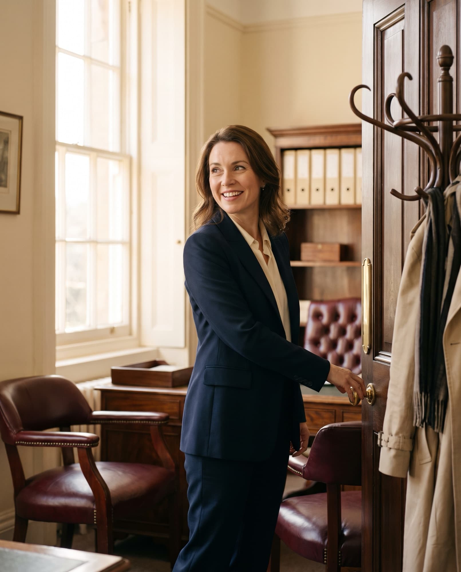 An attorney at the open door of her new law office