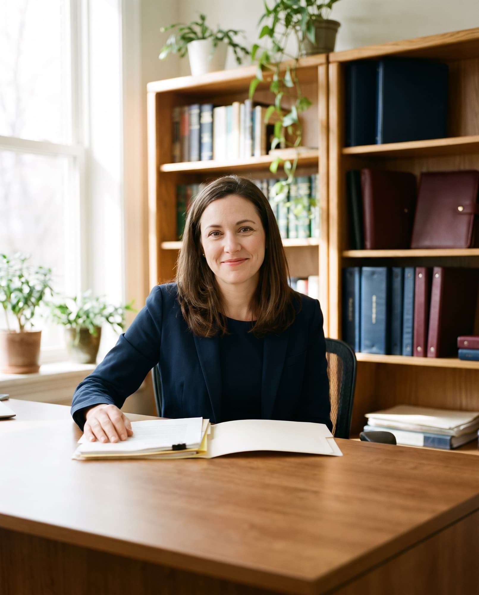 An immigration attorney at her desk in her own law office