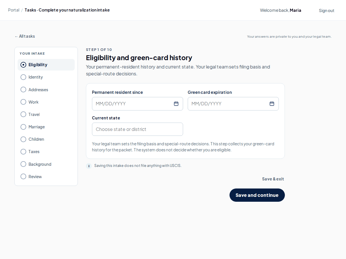 Client intake in the Caselyn portal: step 1 of 10, eligibility and green-card history