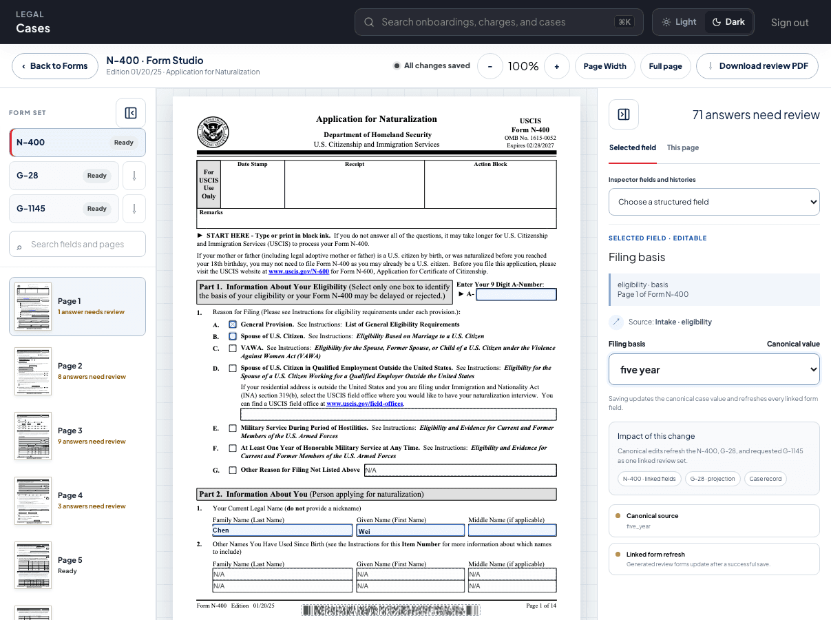 Form Studio showing Form N-400 with fields that need review