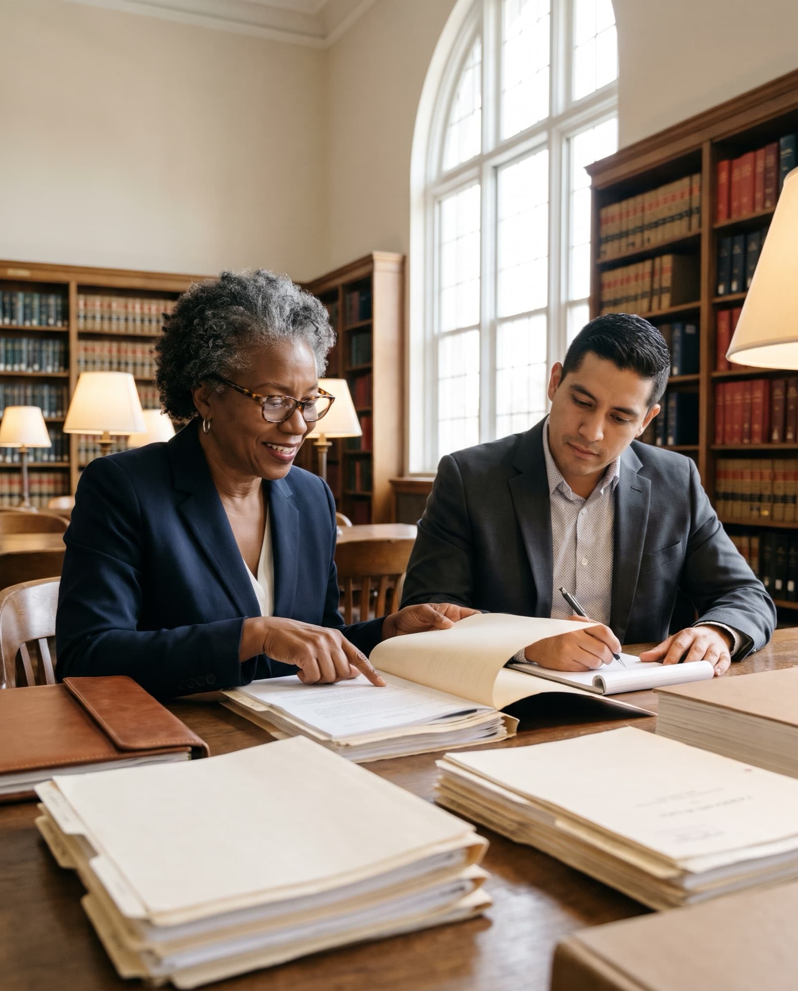 A senior immigration attorney mentoring a younger attorney over a case file