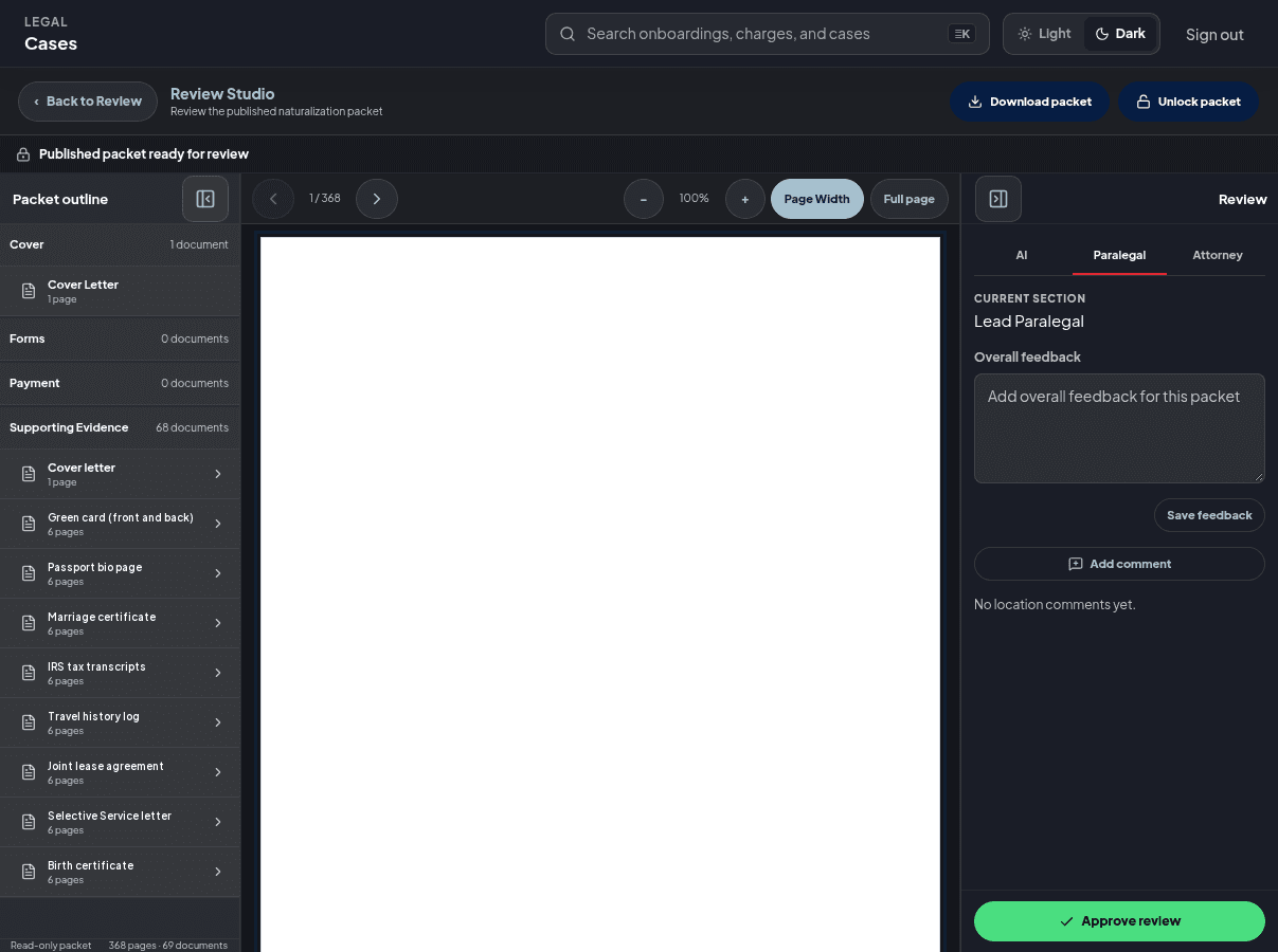 Review Studio: a published filing packet open for paralegal and attorney review