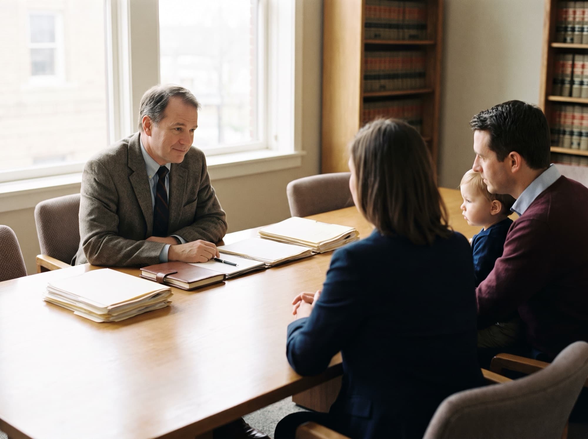 An attorney meeting with a client family at a conference table