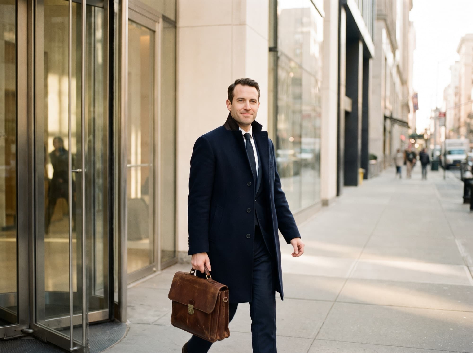 An attorney leaving an office tower with his briefcase