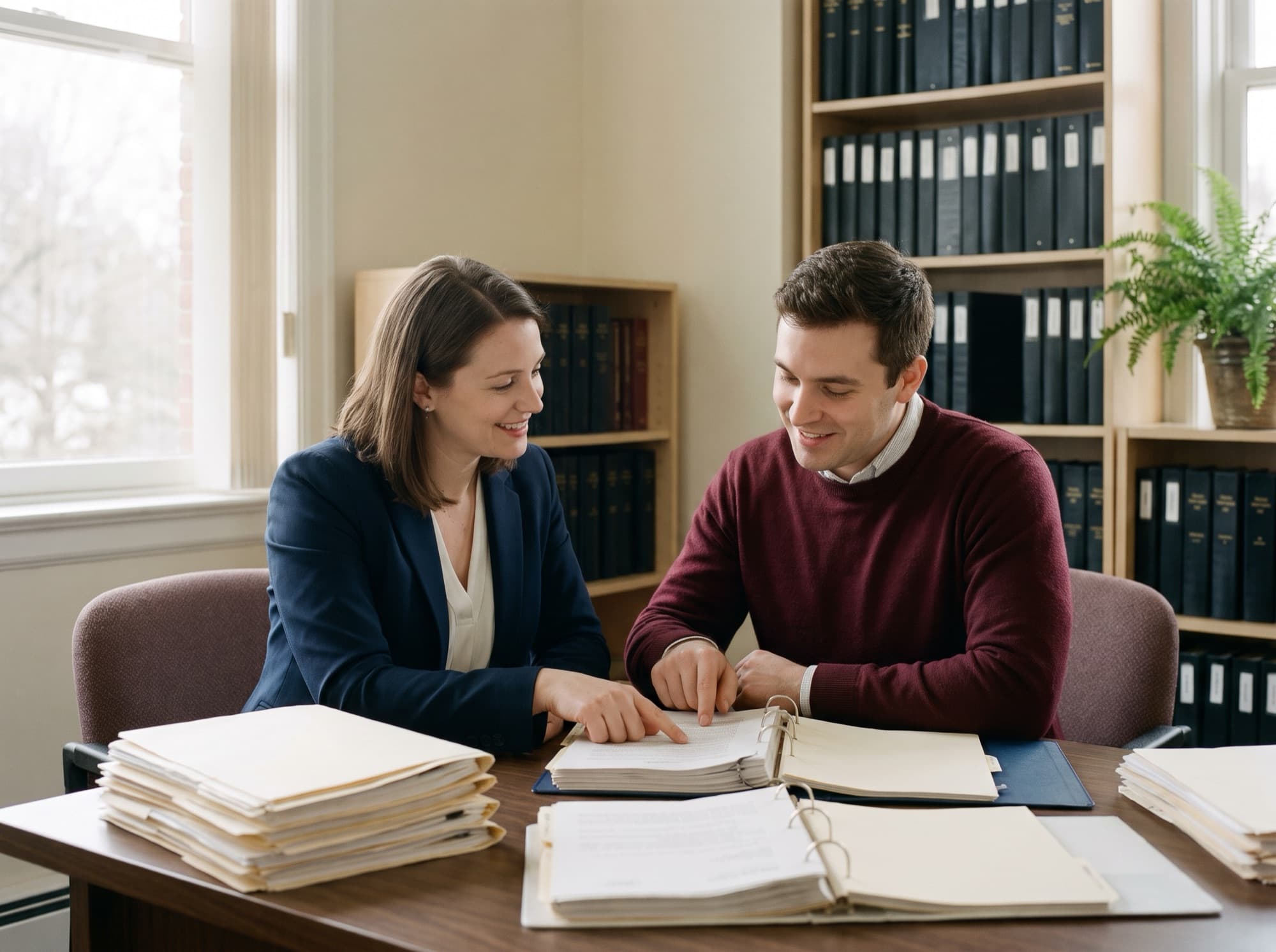 An attorney and a paralegal reviewing a case file together