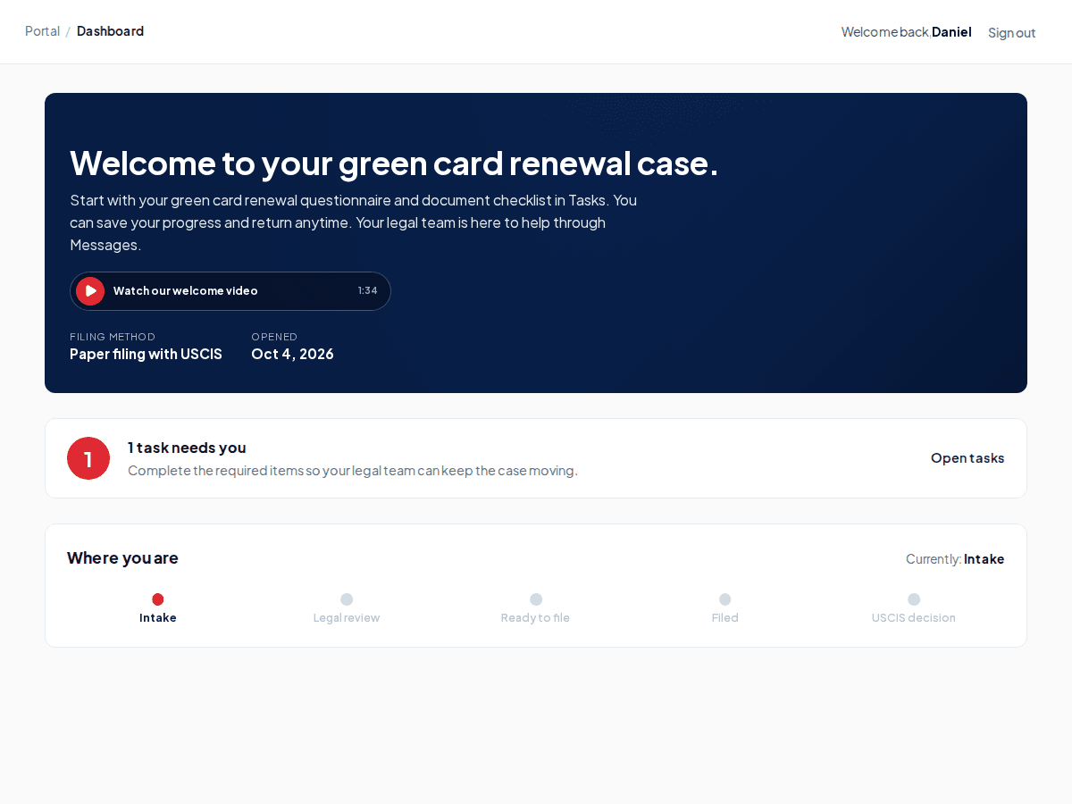 Client portal welcome screen for a green card renewal case
