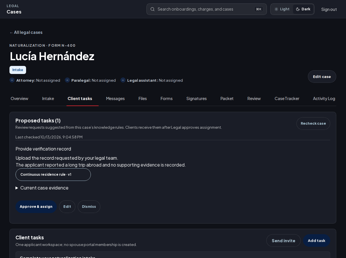 AI-proposed client tasks awaiting attorney approval