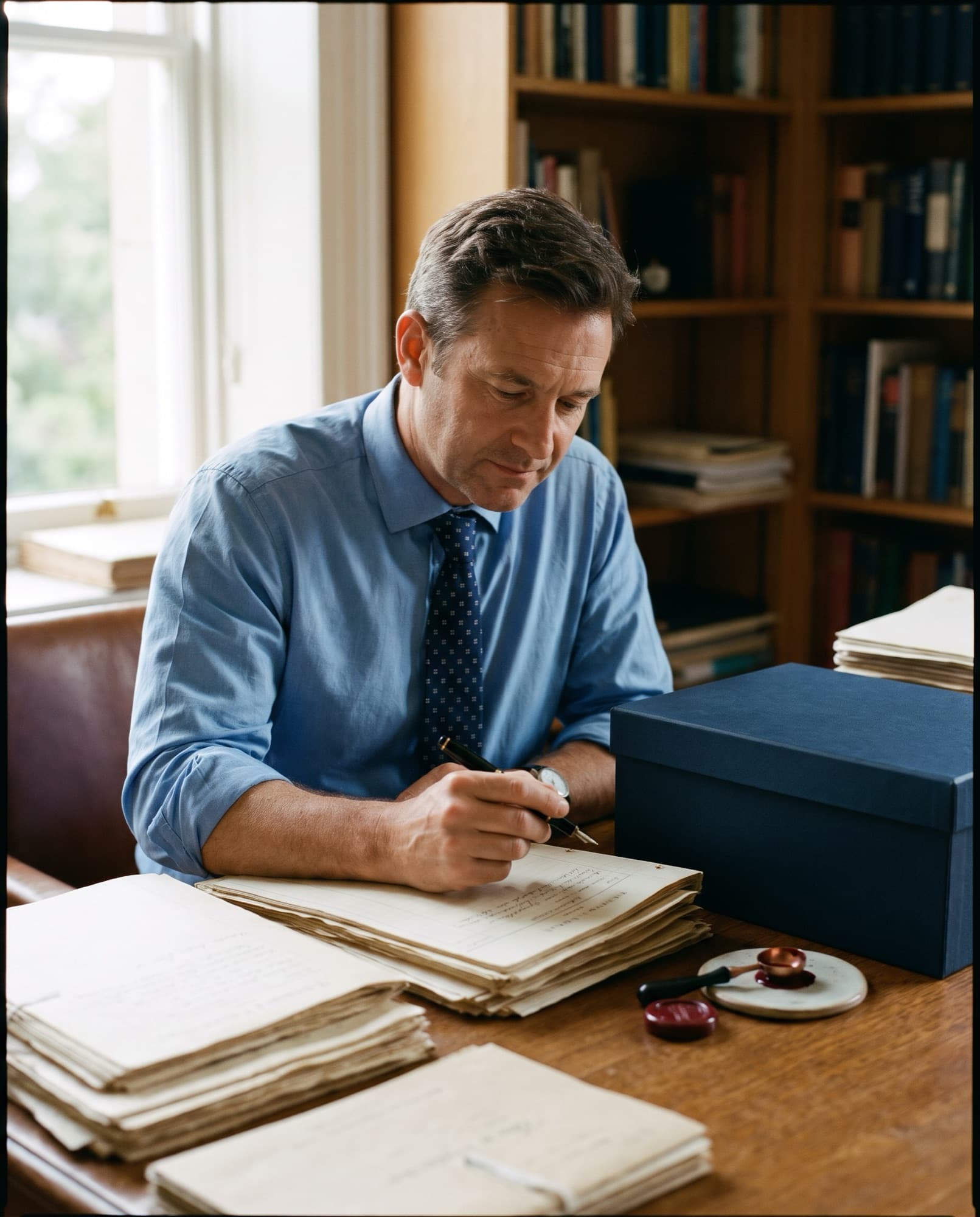 An attorney reviewing documents beside an archival file box